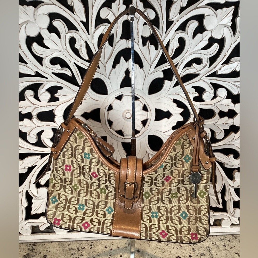 Fossil Canvas Leather Logo Flower Shoulder Bag